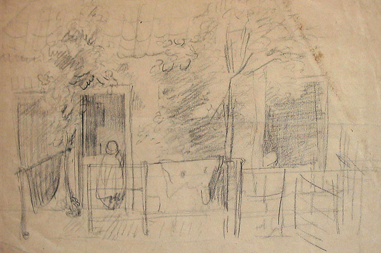 Schets van de achtergevel van een huis